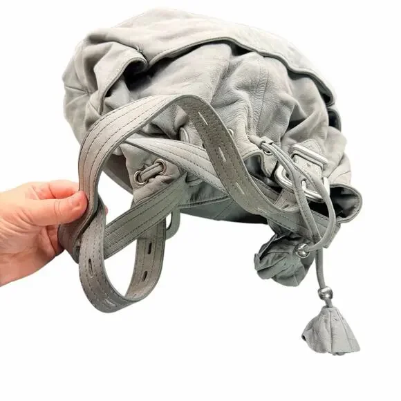 Ann Taylor LOFT Gray Leather Drawstring Shoulder Bag Tassel Slouchy Tote - Picture 7 of 13